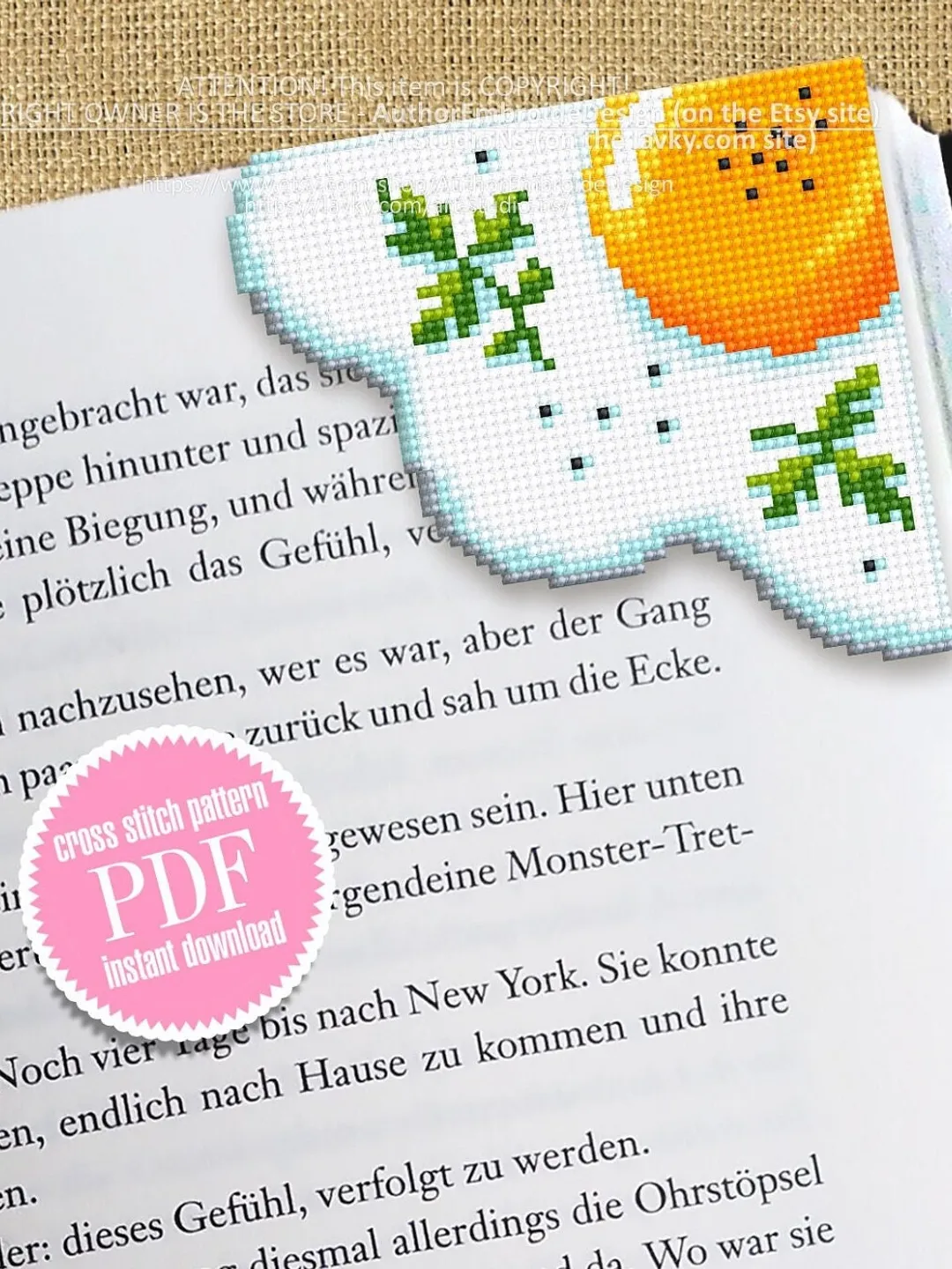 Corner bookmark cross stitch pattern PDF download Fried egg cross stitch chart, Food bookmark digital PDF, Funny bookmark for beginner #B240