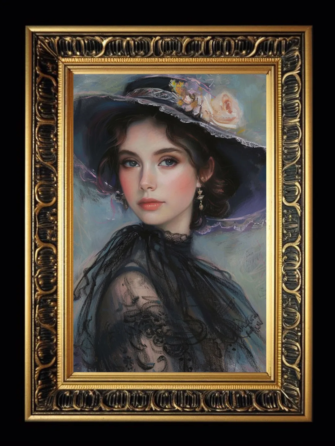 French woman. Romantic girl with a hat. Digital painting. Digital illustration.Wall decor in pastel colors. Parisienne. Instant download.