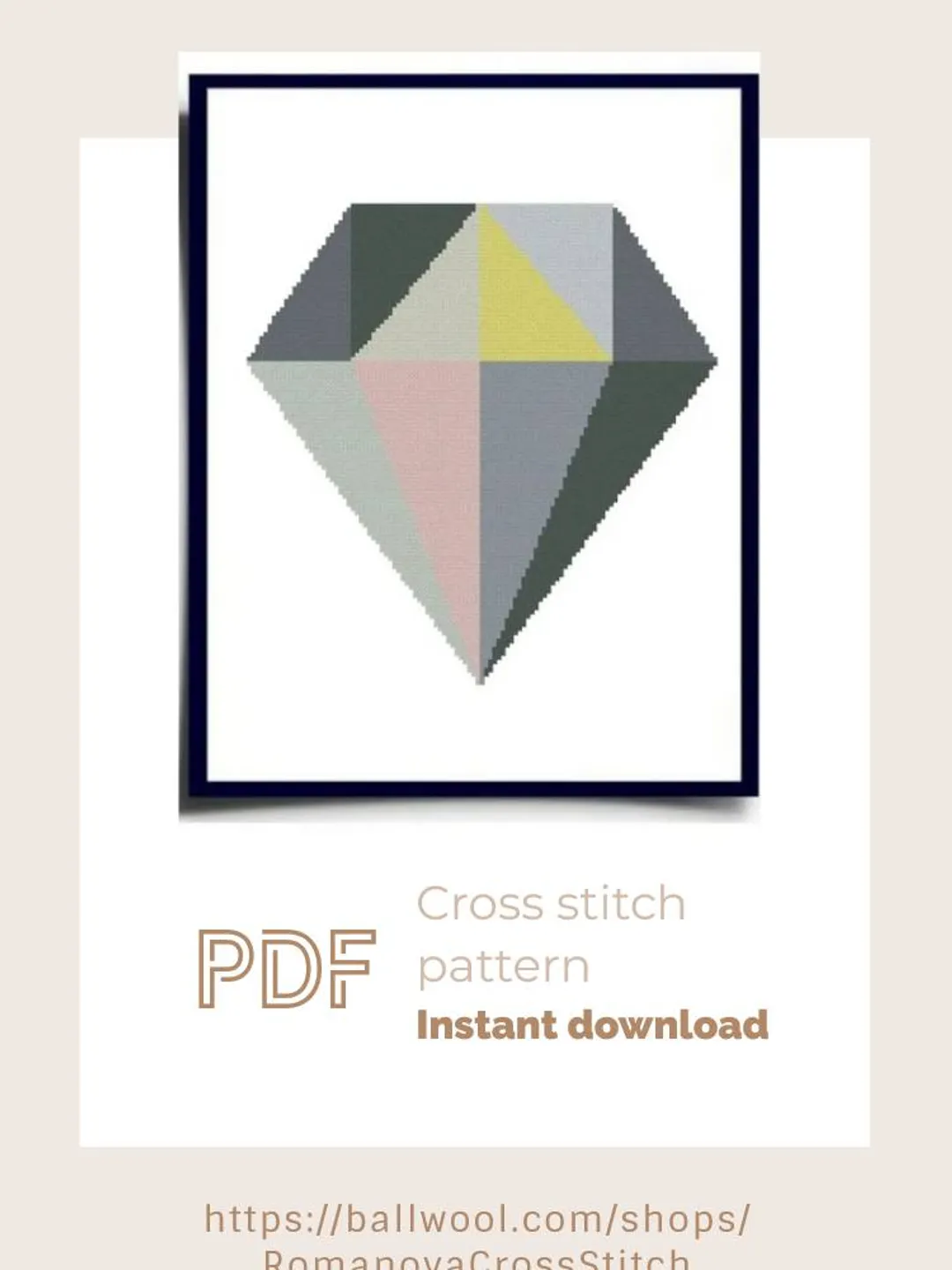 Geometric Diamond cross stitch PDF pattern, Gemstone embroidery, Instant download
