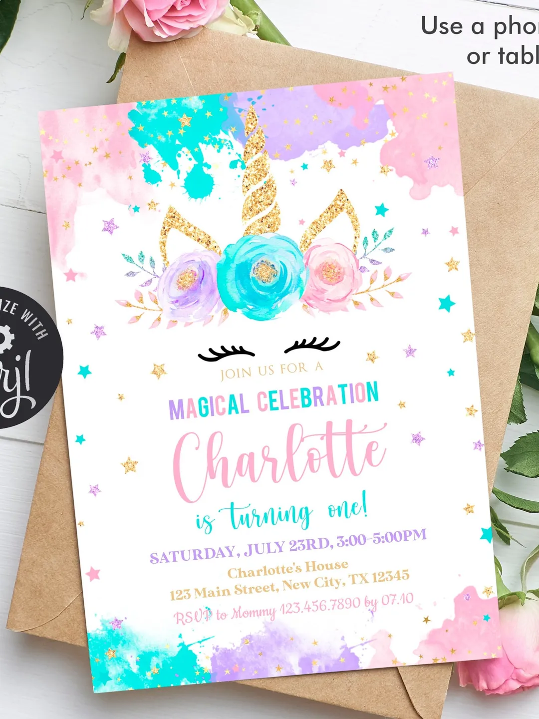 Personalized Digital Birthday Invitation, Unicorn Party Bundle, Kids Birthday  Invitation Bundle, Birthday Invite Set, Unicorn Party Set, image size:1080x1440