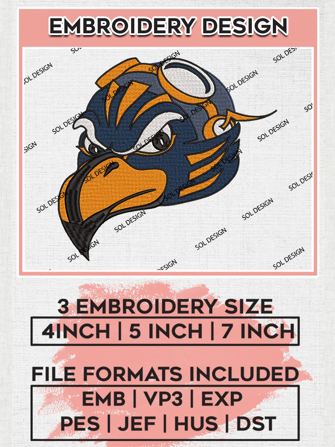 NCAA UT Martin Skyhawks Team Head Mascot Logo Embroidery Design Files, NCAA UT Martin Skyhawks Machine Embroidery, NCAA Teams, 3 sizes, NCAA Machine embroidery designs, Digital Download