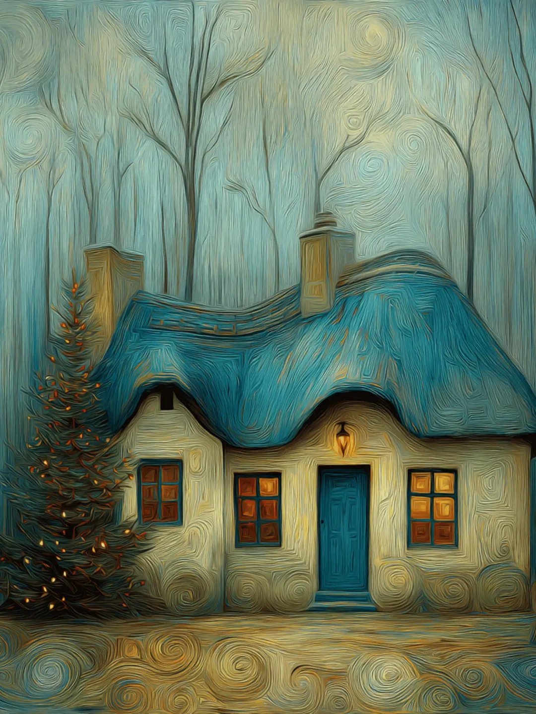 40 Blue Christmas Cottage Art, Cozy Winter Landscape Painting, Snowy Cabin Scene, Warm Light House with Tree, Instant Download