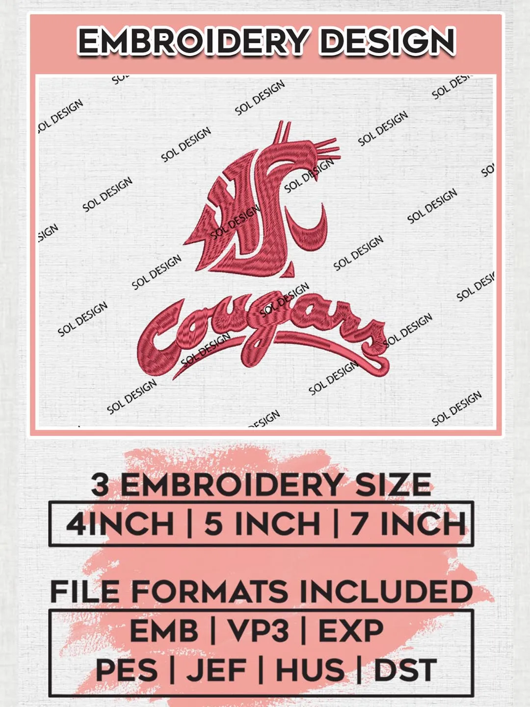 NCAA Washington State Cougars Team Logo Machine Embroidery Design, NCAA Washington State Team Design Design files, NCAA Team Embroidery Designs, NCAA Machine Embroidery Designs, Digital Download
