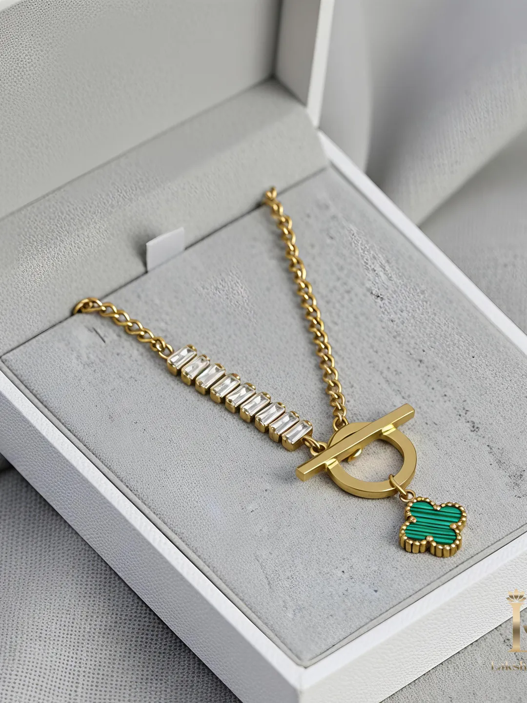 Green Clover Toggle Necklace in Stainless Steel • Gold Baguette Crystal Chain • Malachite Style Flower Pendant • Waterproof Lucky Jewelry