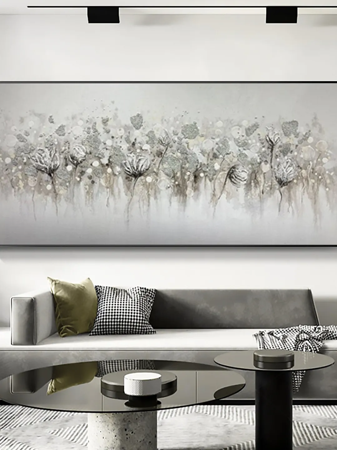 Abstract Blossom Floral Oil Painting on Canvas, Large Original Textured White Grey Poppy Bouquet Acrylic Painting Living Room Wall Art Decor