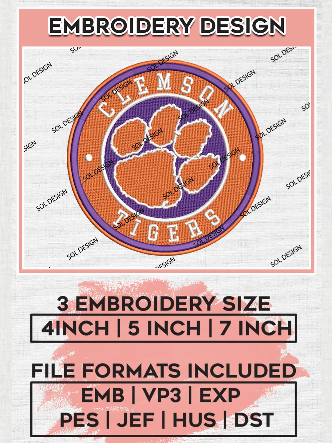 NCAA Clemson Tigers Round Logo Embroidery, NCAA Clemson Tigers Embroidery Design files, NCAA Teams, NCAA Machine embroidery designs, Digital Download