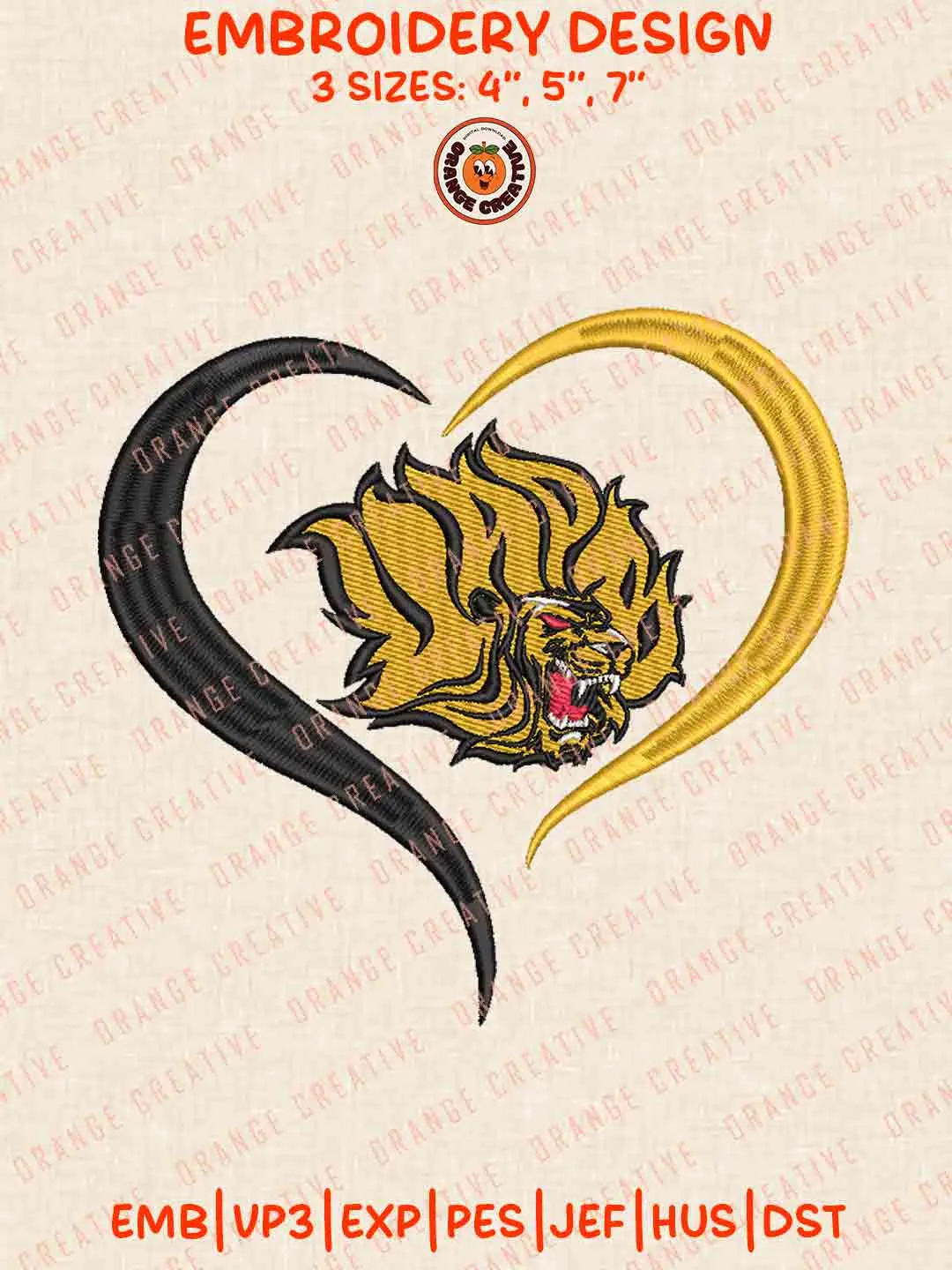 Arkansas Pine Bluff Golden Lion Heart Embroidery Design Files, Football Logos Embroidery Designs, Sport Machine Embroidery Files, 3 Sizes, Custom Sizes, Instant Download