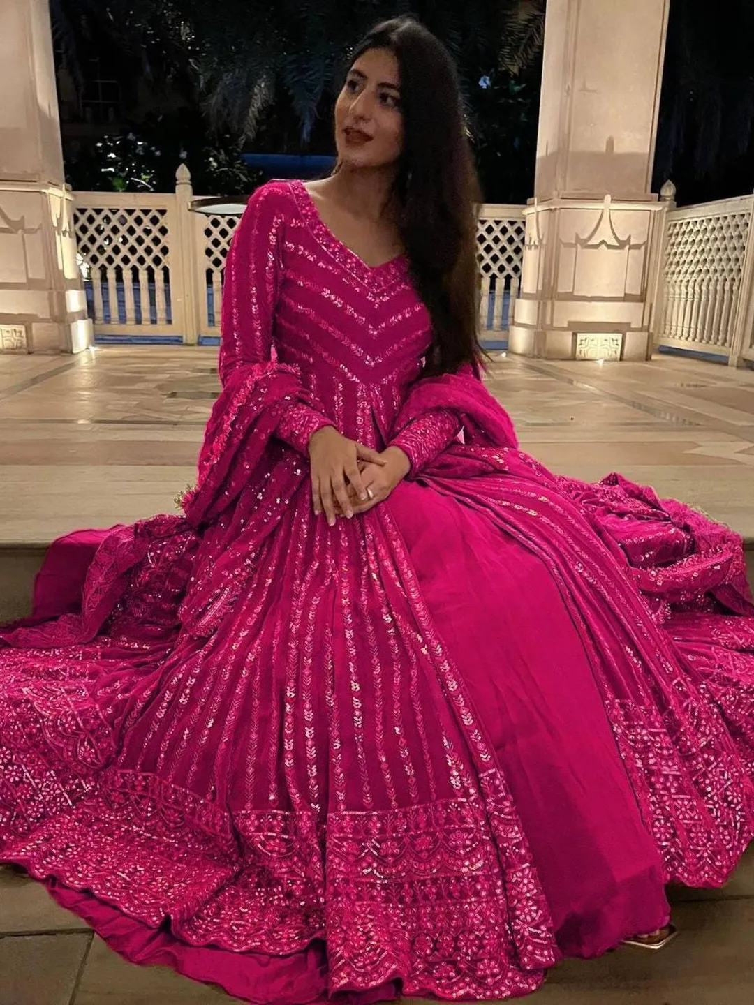 Designer Jacquard Chinon Lehenga Choli Heavy Thread Sequins Pink ...