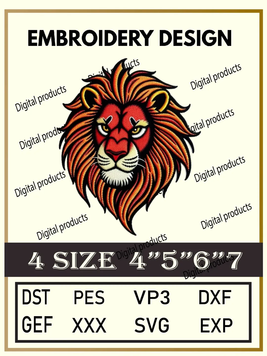 Lion Head Embroidery Design Digital Pattern with Bold Mane and White Muzzle for Machine Embroidery Projects in Four Sizes with Multiple Compatible Formats Including DST, PES, VP3, DXF, GEF, XXX, SVG, EXP Download