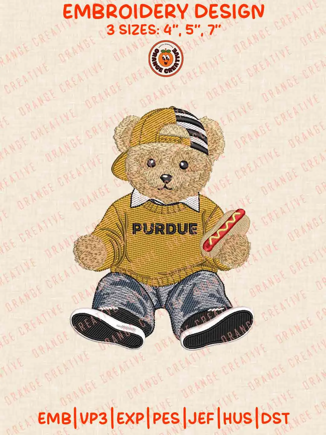 Purdue Fort Wayne Mastodon Bear Hot Dog Embroidery Design Files, Football Embroidery Designs, Sport Machine Embroidery Files, 3 Sizes, Custom Sizes, Instant Download