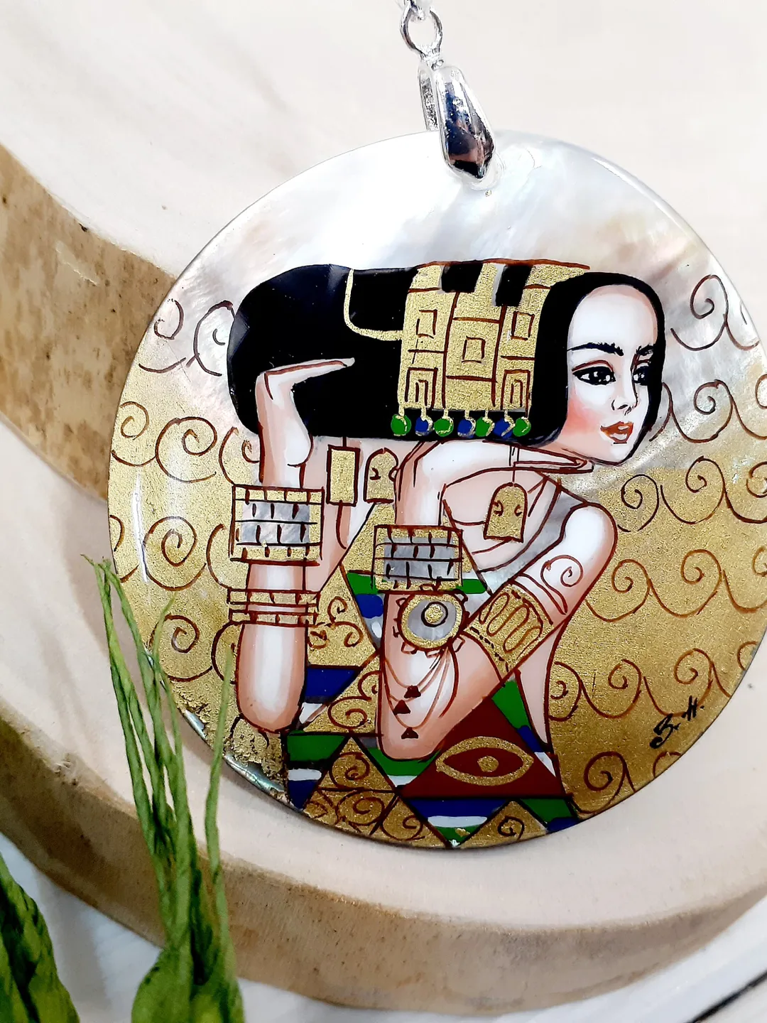 Klimt necklace "The Waiting" Gustav Klimt pendant Hand paint necklace pendant Hand painted miniature painting