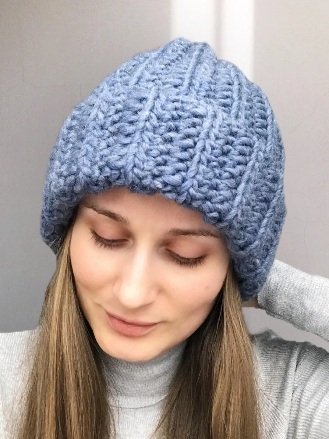 Warm Crochet Chunky Beanie - Plushy Cozy Winter Hat - Thick Folded Brim - Soft 100% Wool Stocking Cap - Unisex Trendy Blue or Custom Color