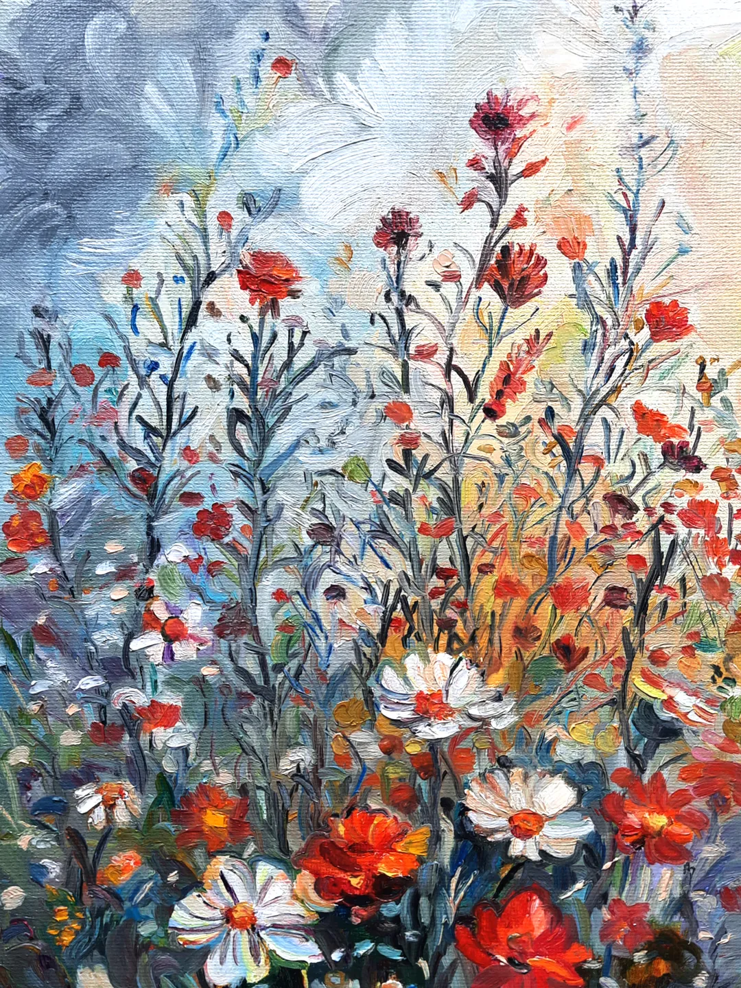 オリジナル油彩原画CLAUDE MANOUKIAN FlowerBarbizon Solar Flare-Original yellow carnation Painting-Realistic art