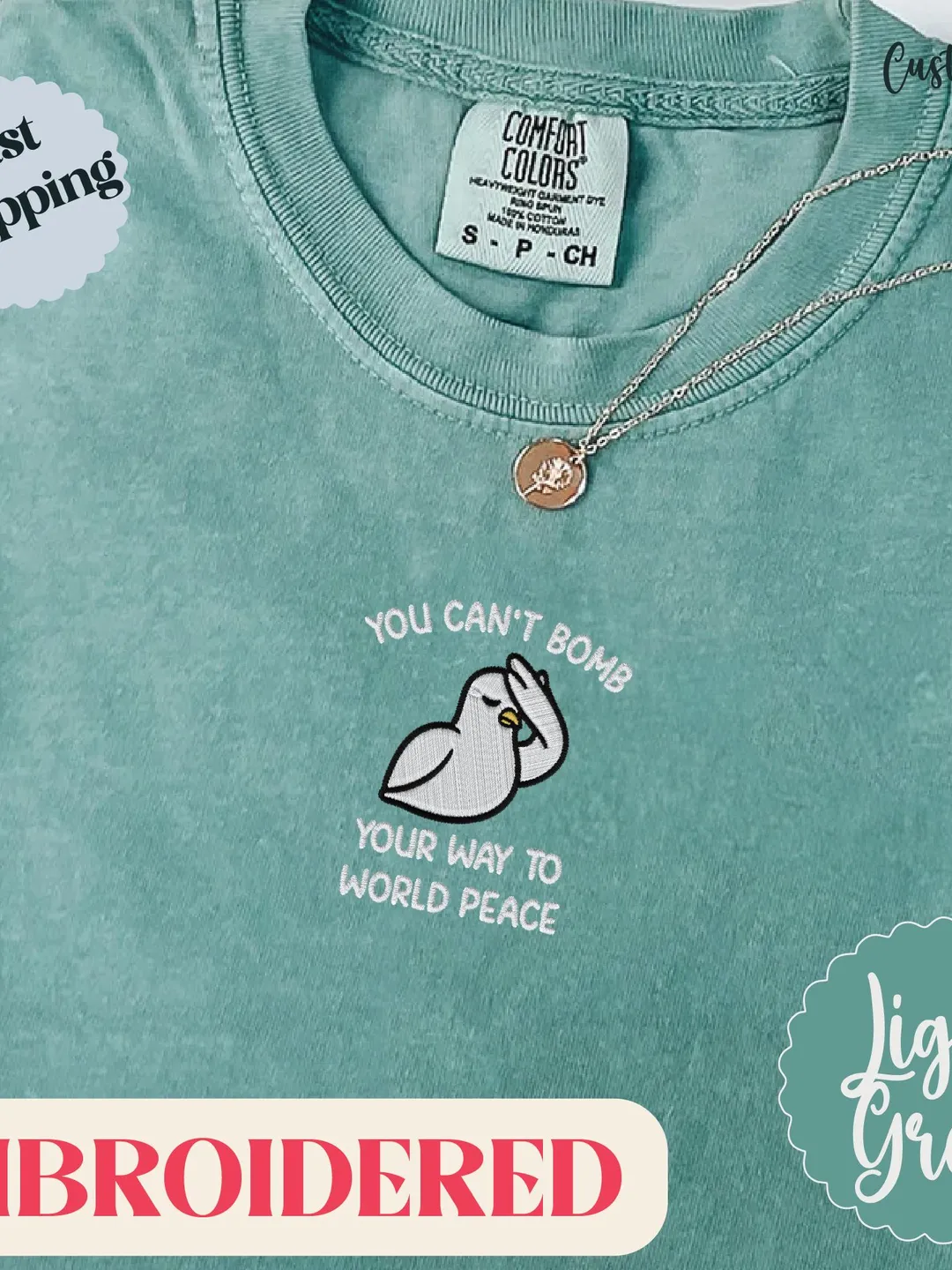 Peace Dove Embroidered Shirt. Comfort Colors Tee. Anti War Gift. Minimalist Graphic Tee. You Can’t Bomb World Peace Shirt