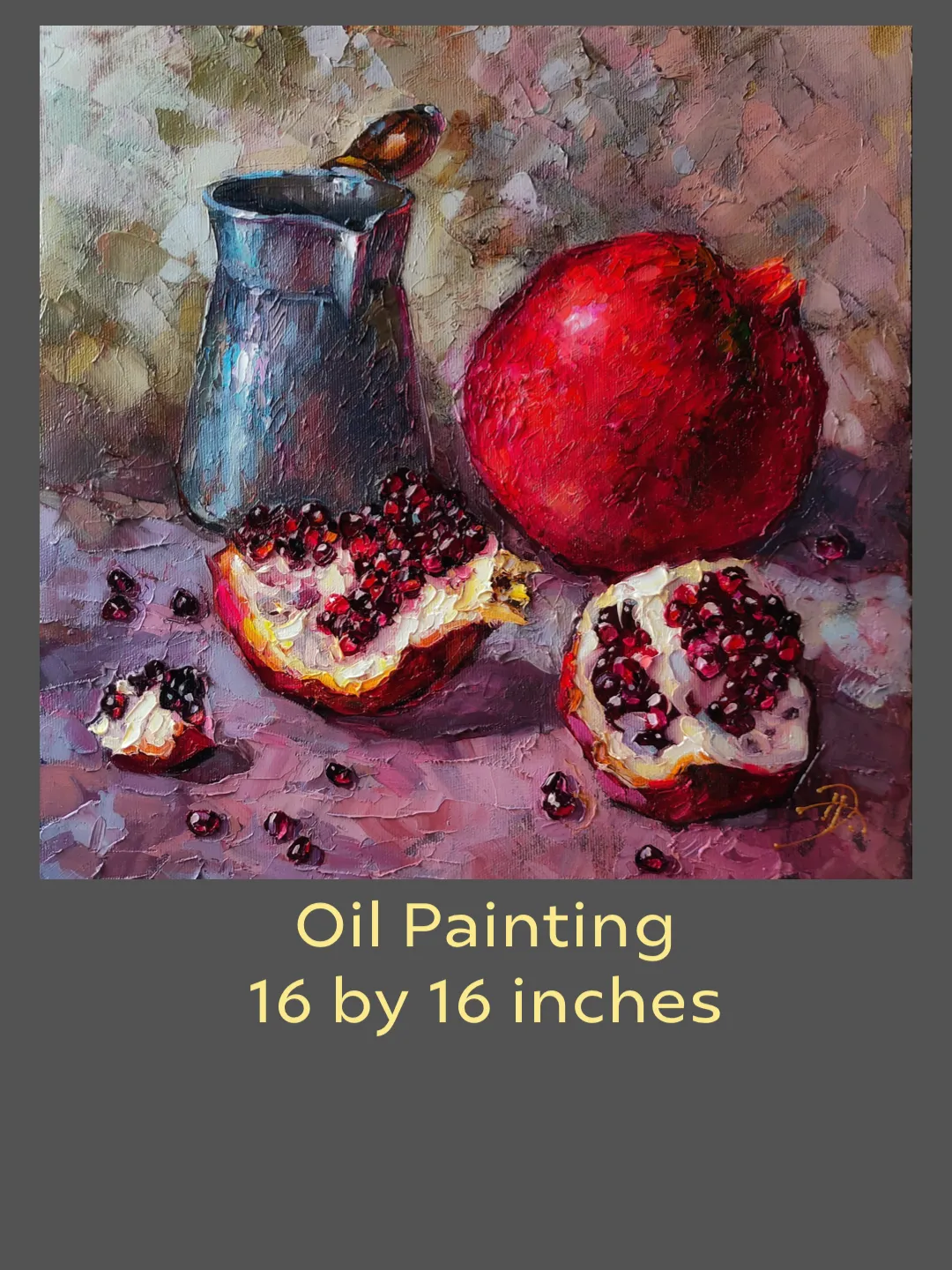 Fruit Pomegranate and Coffee Painting Still Life for Kitchen Original Art Oil Canvas Stretched Impasto Painting 16 x 16 inches by Nata_Lena_Art