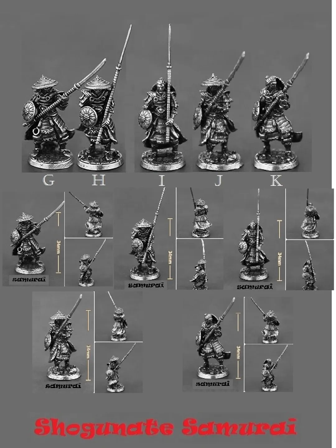 Japanese Shogunate samurai figurines, copper miniatures, tabletop wargaming fantasy miniature figures.