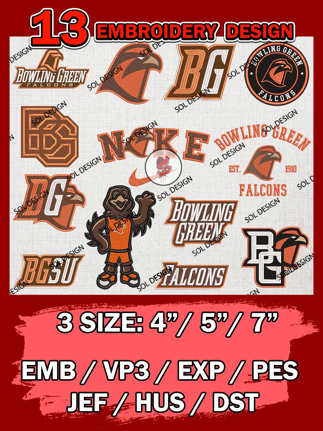13 NCAA Bowling Green Falcons Bundle Embroidery Files, NCAA Bowling Green Falcons Team Bundle Embroidery Designs, NCAA Teams, National College Football Team 3 sizes, NCAA Bowling Green Machine Embroidery, Digital Download
