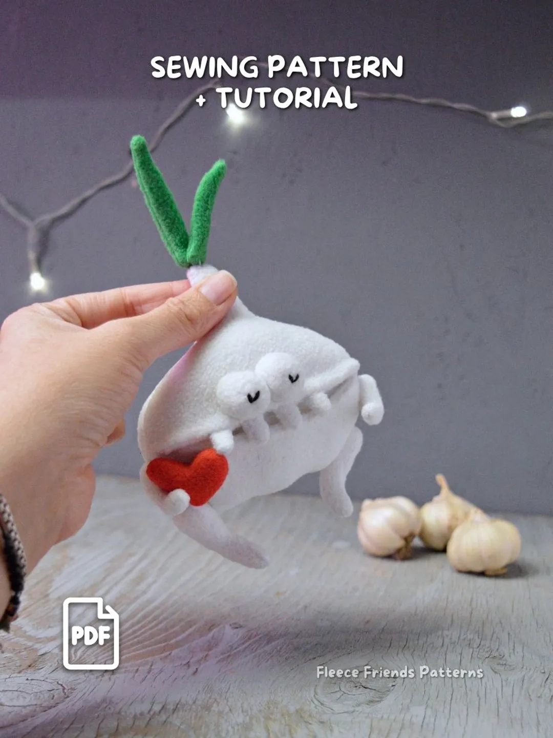 Garlic Monster Sewing Pattern PDF, Veggie Plush with Secret Mouth Pocket, Beginner Friendly Toy Tutorial