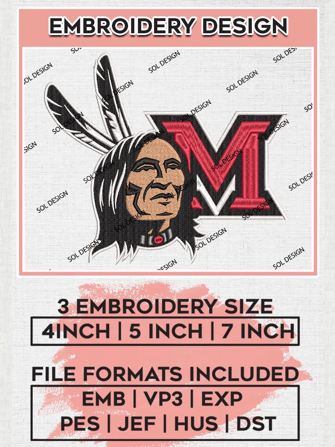 NCAA Miami OH RedHawks Team Head Logo Embroidery Design Files