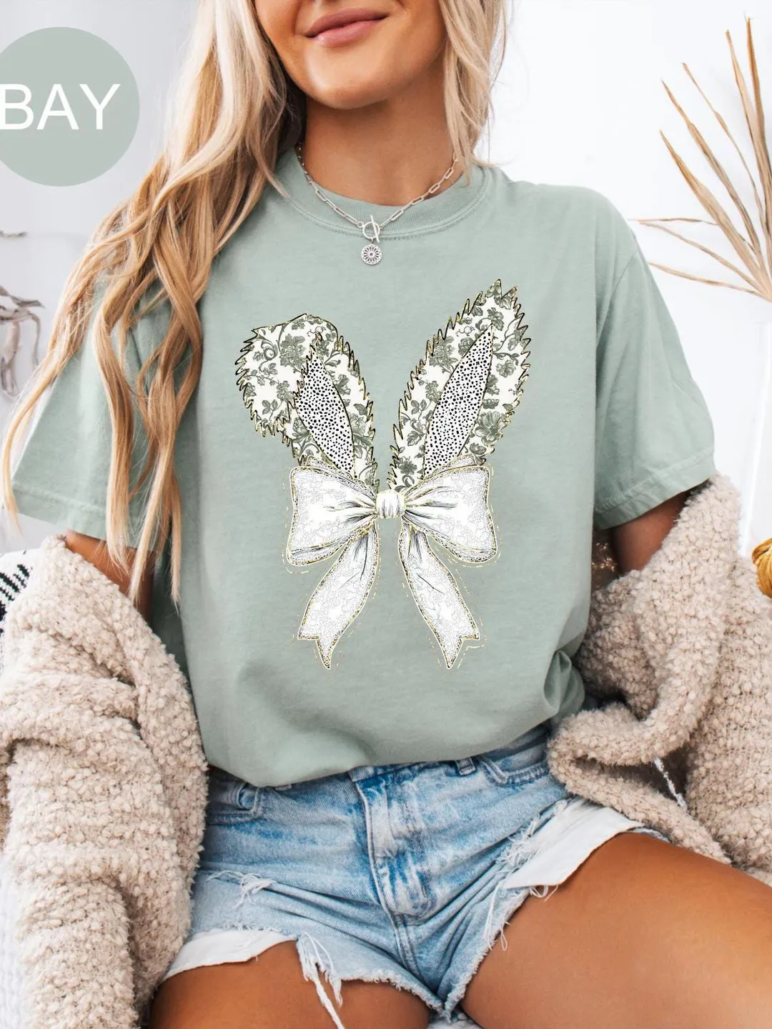 Comfort Colors® Floral Bunny Ears with Coquette, Easter Shirt for Women, Cute Bunnies Shirt, Trendy Easter Crewneck, Easter Gift for Women