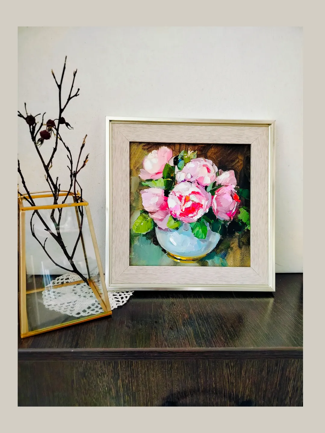 Painting Bouquet of Roses Oil Canvas Original Art Flowers Roses in Vase Painting Impasto Canvas on Cardboard 8 x 8 inches by Artist Natalia