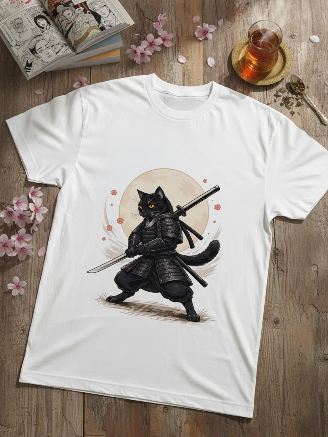 Samurai Cat Shirt: Japanese Myth Inspired Graphic (Adult Sizes)