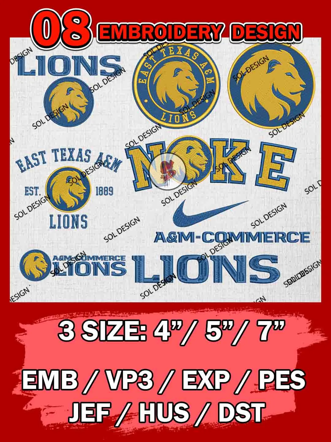8 NCAA East Texas A&M Lions Bundle Embroidery Files, NCAA East Texas A&M Lions Team Bundle Embroidery Designs, NCAA Teams, National College Football Team 3 sizes, NCAA East Texas A&M Machine Embroidery, Digital Download