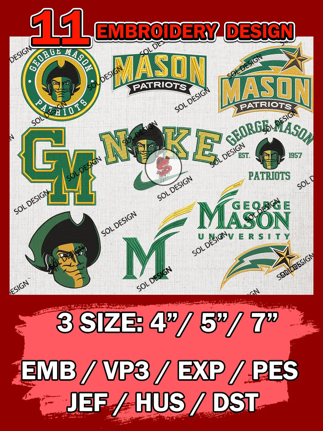 11 NCAA George Mason Patriots Bundle Embroidery Files, NCAA George Mason Patriots Team Bundle Embroidery Designs, NCAA Teams, National College Football Team 3 sizes, NCAA George Mason Machine Embroidery, Digital Download