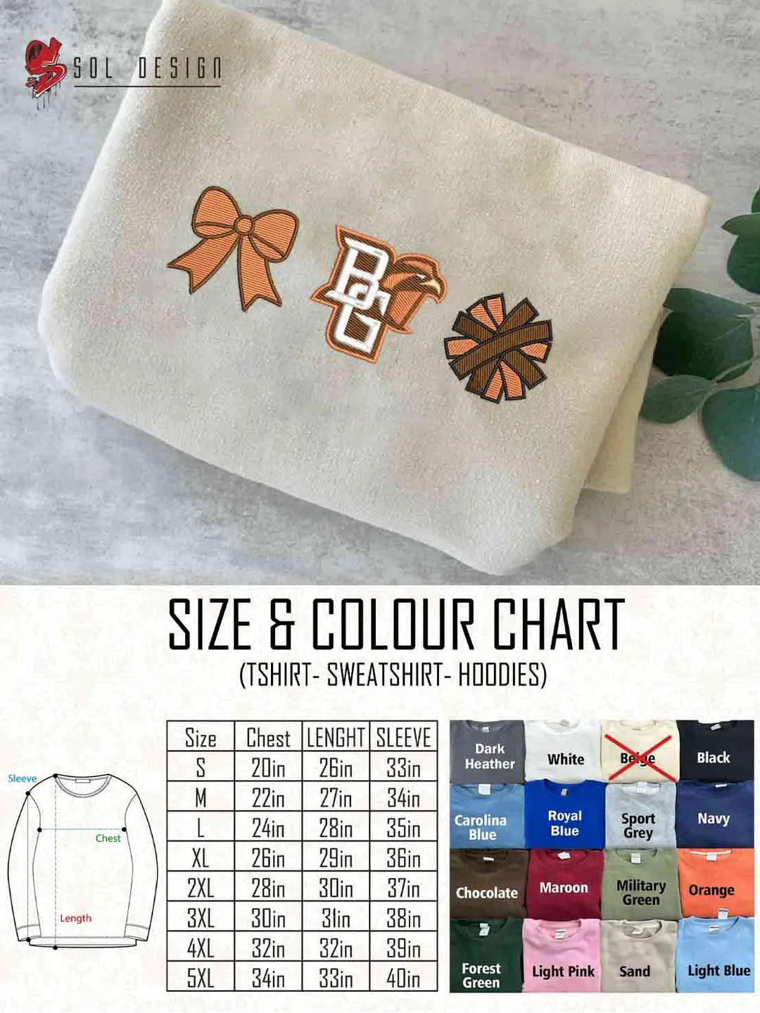 Bowling Green Falcon Cheer Poms Bow Embroidered Sweatshirt, Football Embroidered Sweatshirt, Sport Game Day Cheerleader Shirt, Embroidered Hoodie, Unisex Crewneck, College Football Team Fan Gift Tee