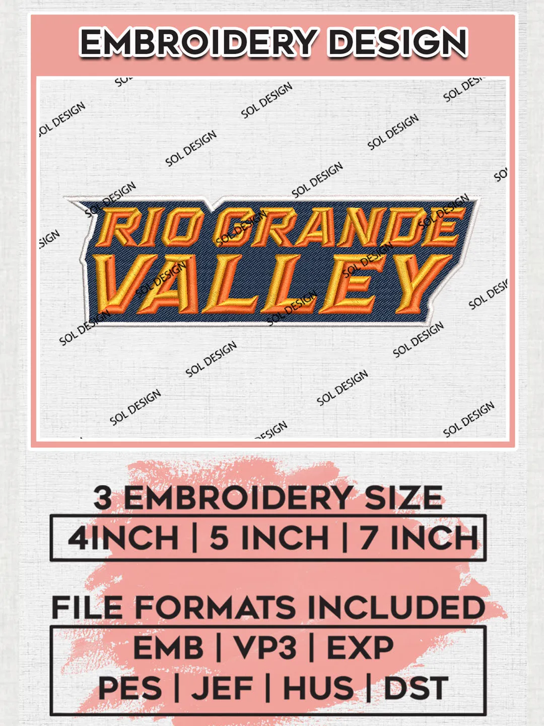 NCAA Rio Grande Valley Team Writing Logo Embroidery Design Files, NCAA UT Rio Grande Valley Vaqueros Machine Embroidery, NCAA Teams, Game Day, 3 sizes, NCAA Machine embroidery designs, Digital Download