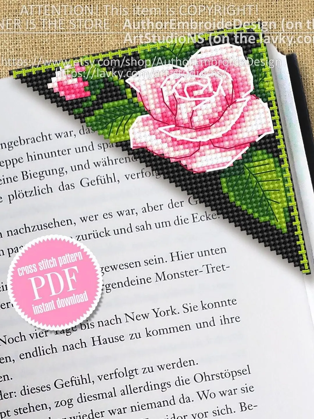 Corner bookmark cross stitch pattern PDF download Pink rose cross stitch chart Floral bookmark corner digital PDF Pink flowers pattern #B214