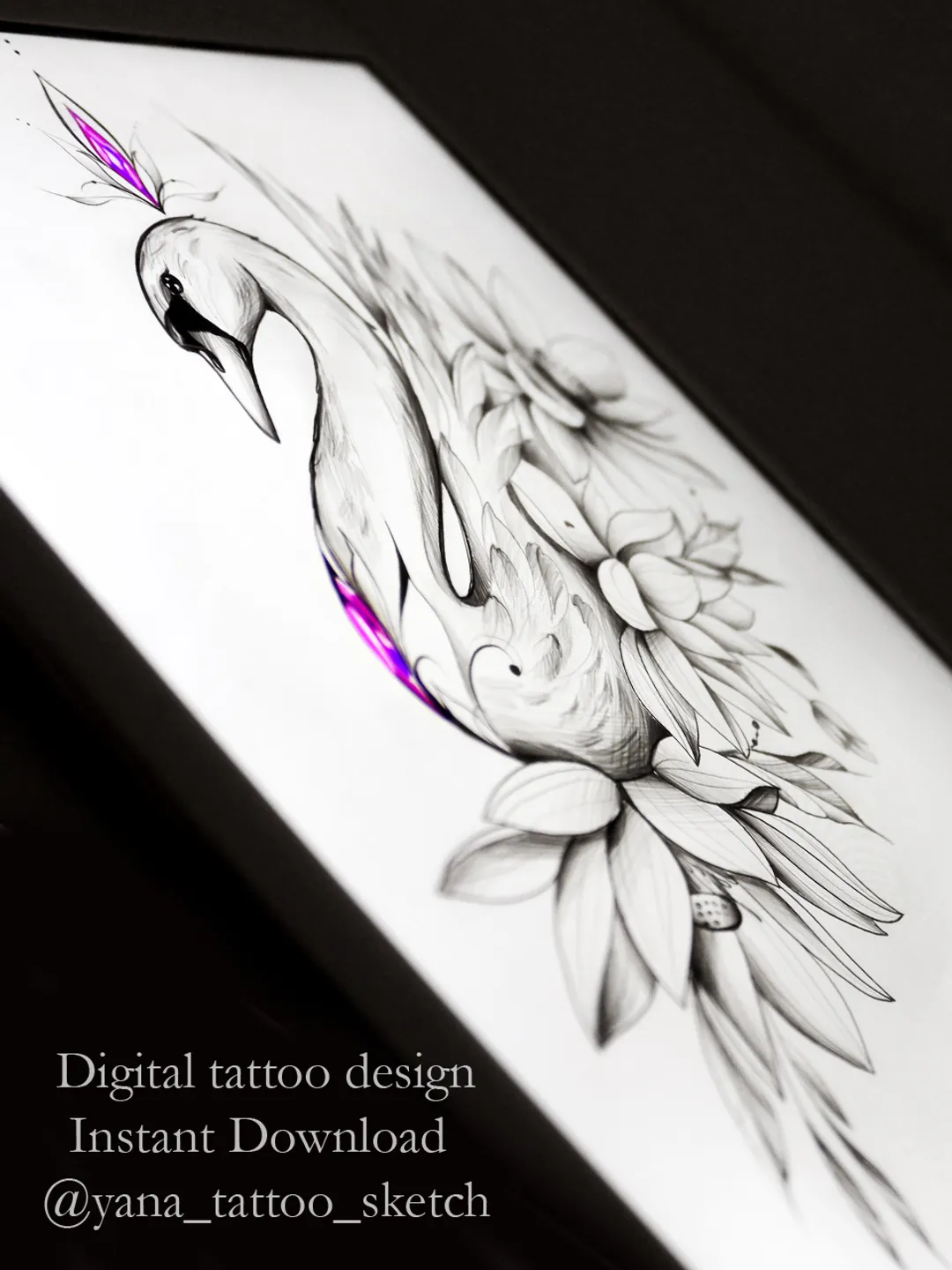 Swan Tattoo Design With Flowers Swan Tattoo Idea Stencil Sketch, Instant  download PDF, JPG, image size:1080x1440
