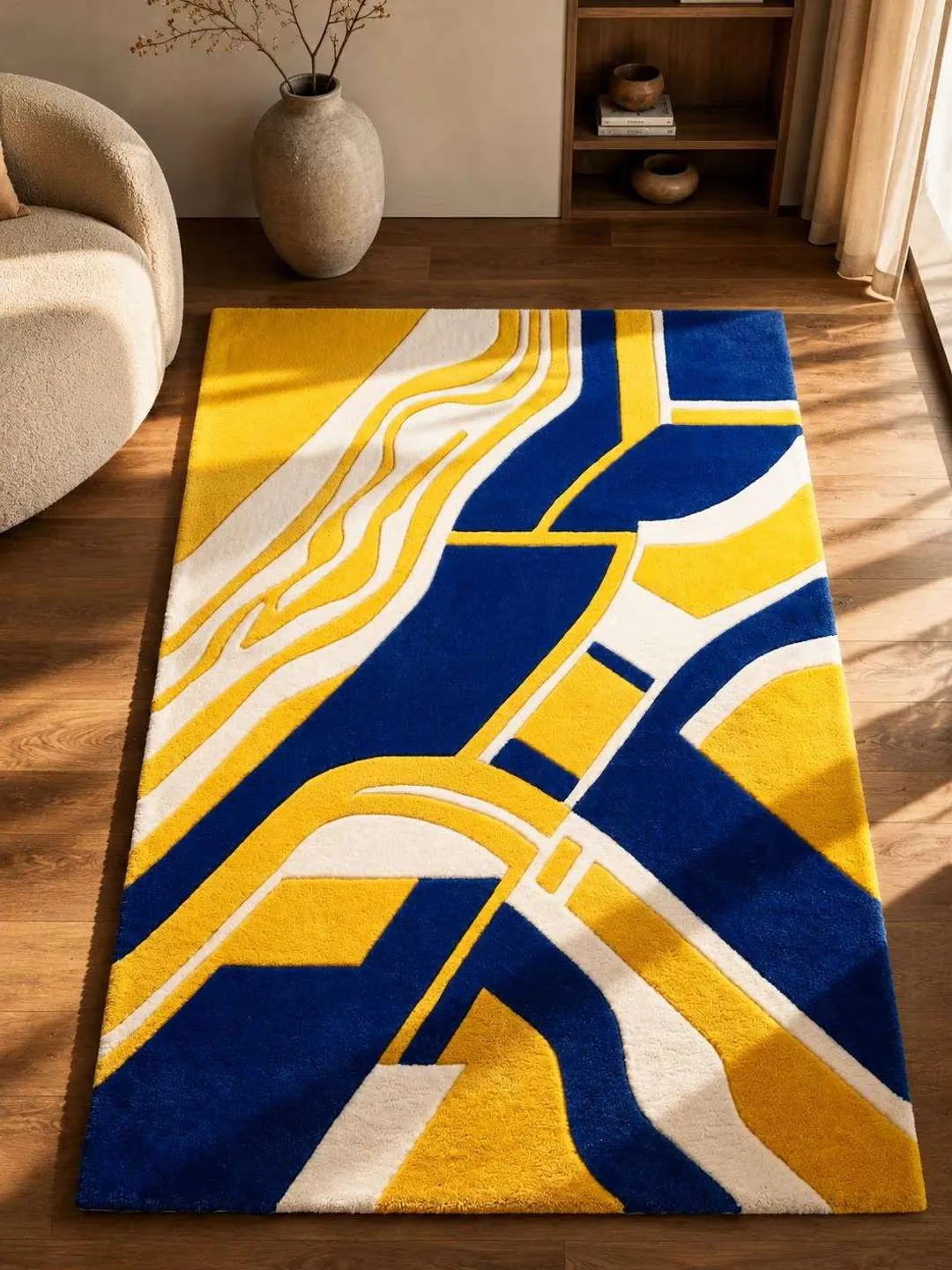 Abstract Geometric Hand Tufted Wool Rug – Modern Blue Yellow Area Carpet Contemporary Statement Floor Decor
