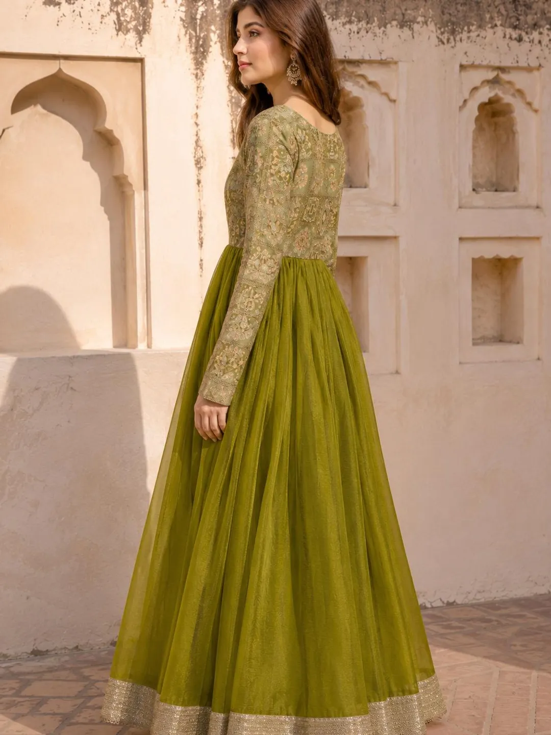 green maxi dress pakistani Olive Anarkali Dress, Style Embroidered Festive Gown 0526