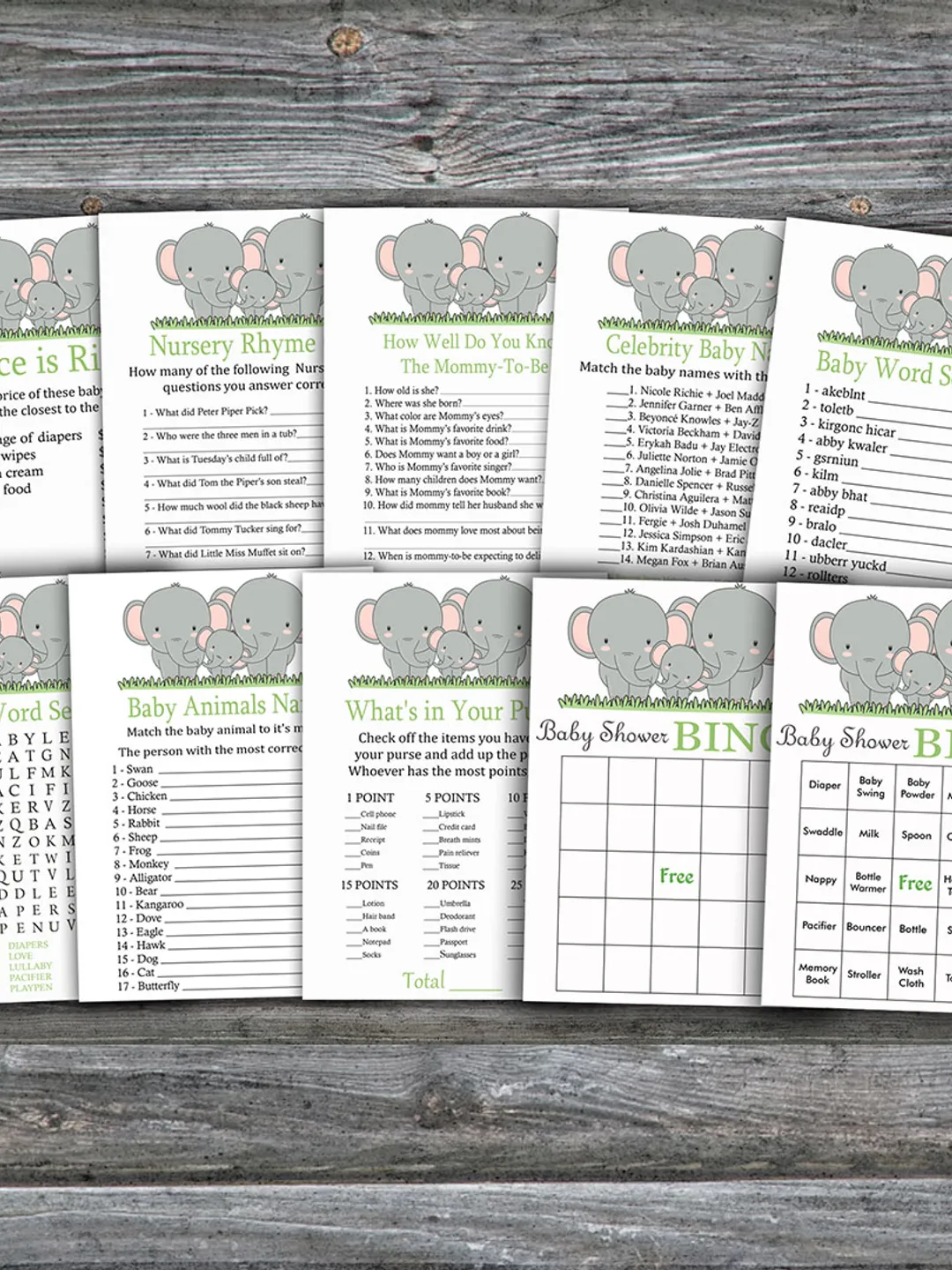 Elephant theme baby shower games bundle,Jungle Baby Shower games package,Fun Baby Shower Games,9 Printable Games-300