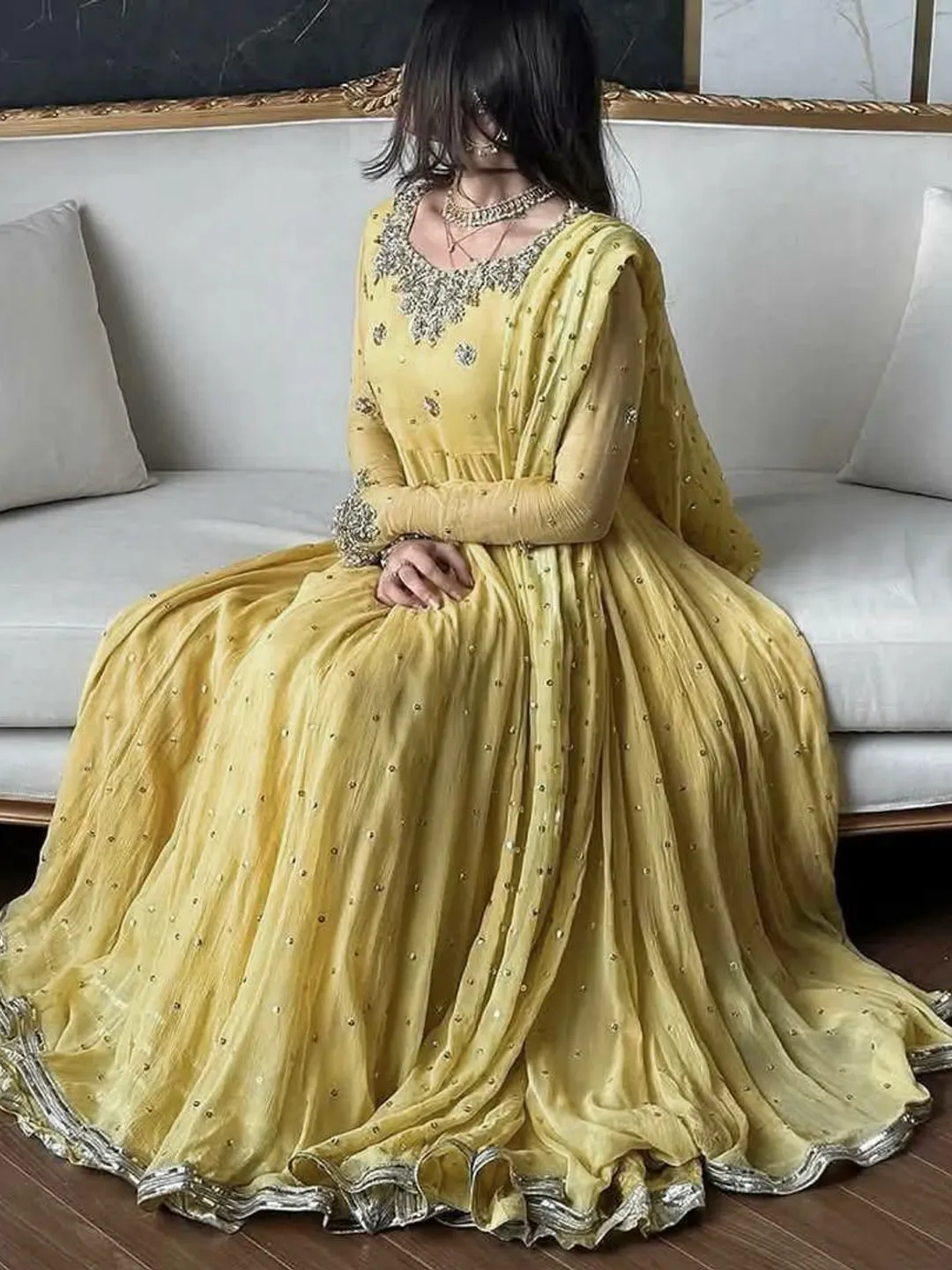 Yellow Anarkali Gown with Silver Embroidery Indian Festive Dress for Women Wedding Guest Ethnic Gown for Women outfit