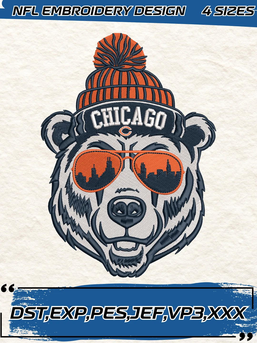 Chicago Bears Sunglasses City Skyline Embroidery Design, Football Team NFL Machine Embroidery Digitized Pes Files, 4 Sizes, Digital Download