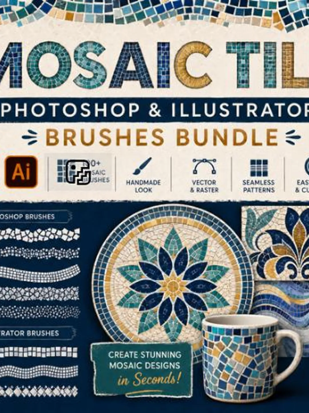 Mosaic Tile Photoshop & Illustrator Brushes | Ceramic Texture, Moroccan, Decorative Pattern Design Bundle