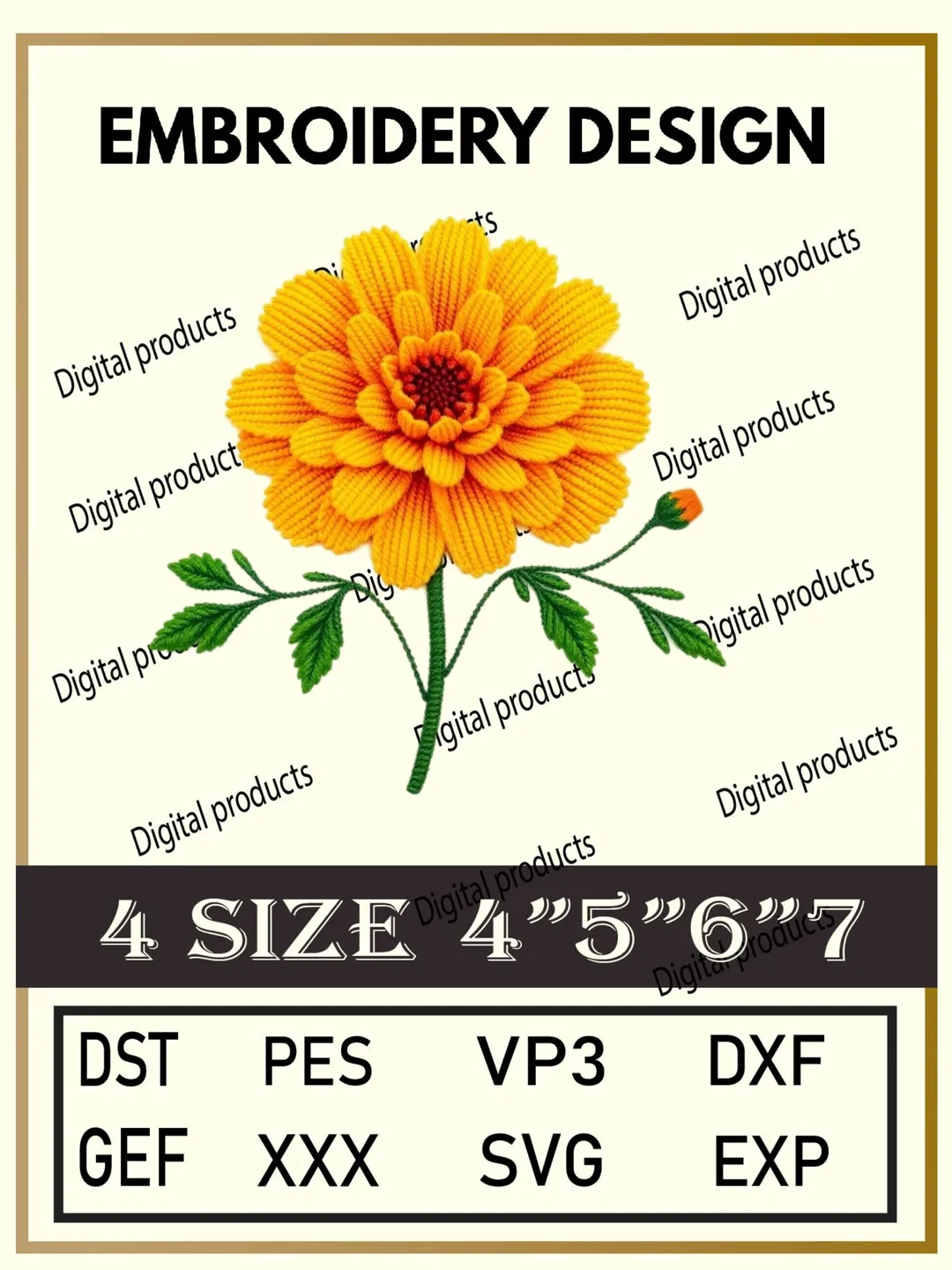 Yellow‑Orange Flower Embroidery Design Digital Pattern with Layered Petals and Green Leaves for Machine Embroidery Projects in Four Sizes with Multiple Compatible Formats Including DST, PES, VP3, DXF, GEF, XXX, SVG, EXP Download