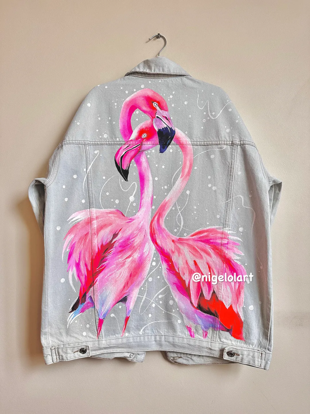 Painted denim jacket Flamingo
Custom denim jackets
Personalized jean jackets
oversized jean jacket 
light blue denim jacket