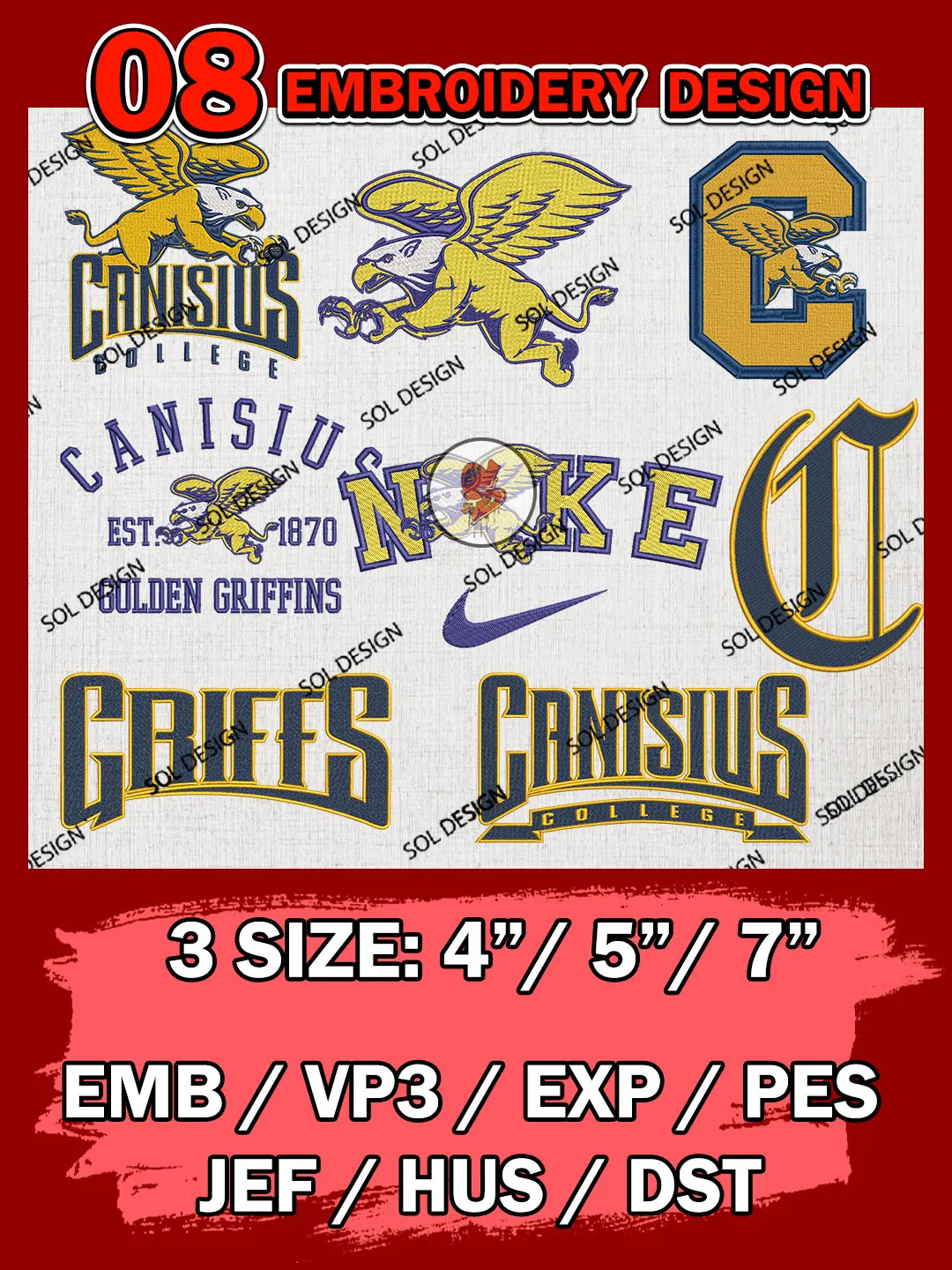8 NCAA Canisius Golden Griffins Bundle Embroidery Files, NCAA Canisius Golden Griffins Team Bundle Embroidery Designs, NCAA Teams, National College Football Team 3 sizes, NCAA Canisius Machine Embroidery, Digital Download
