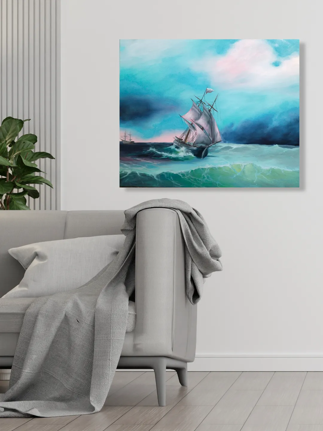 Commission Seascape oil painting Ship on the turquoise wave Wall art on