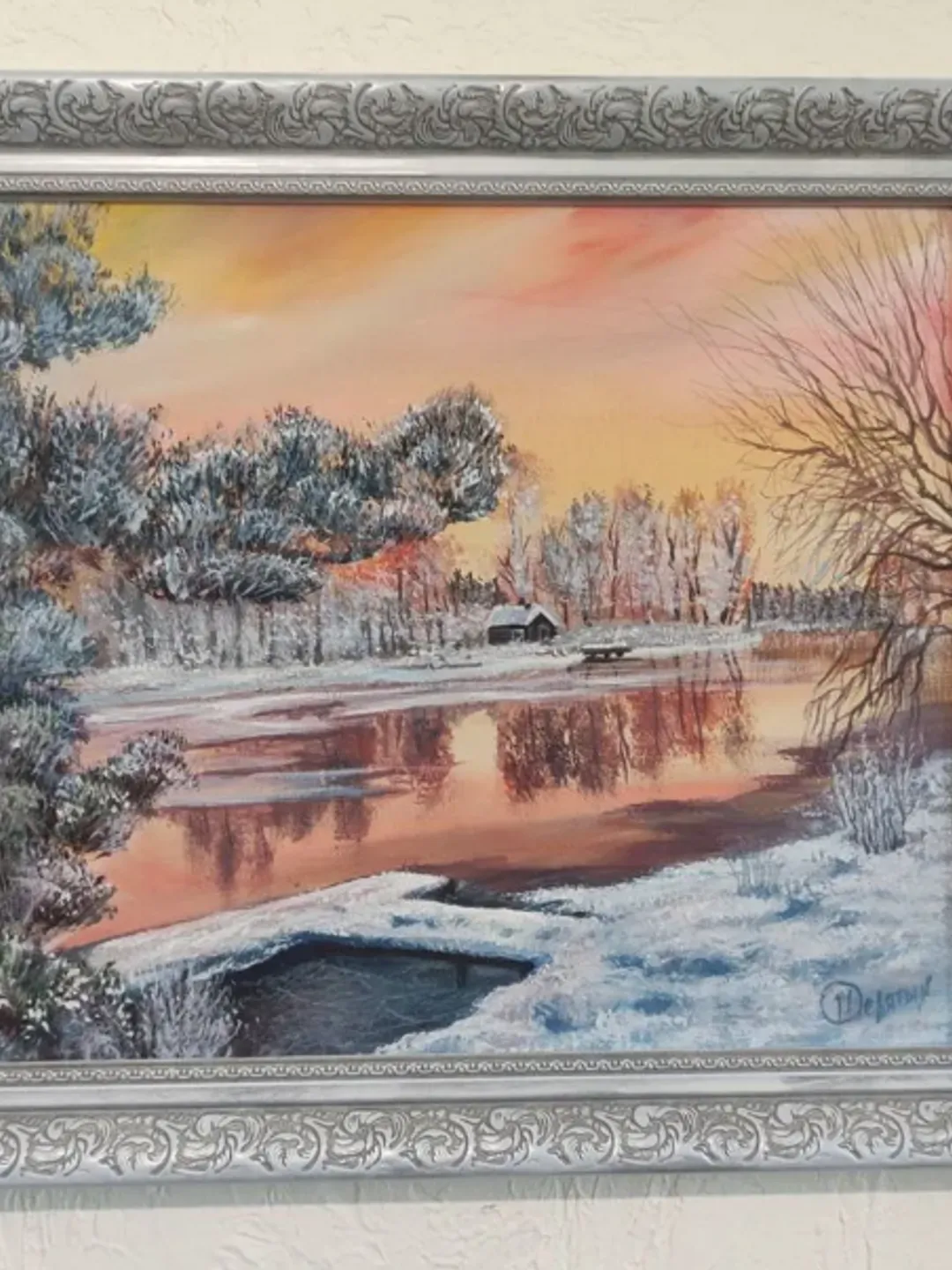 Painting on canvas “Dawn on the River”, oil, size 36 x 40 cm, framed