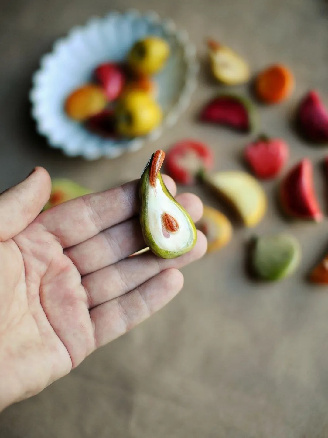 Warm brooch made of polymer clay, pear pin