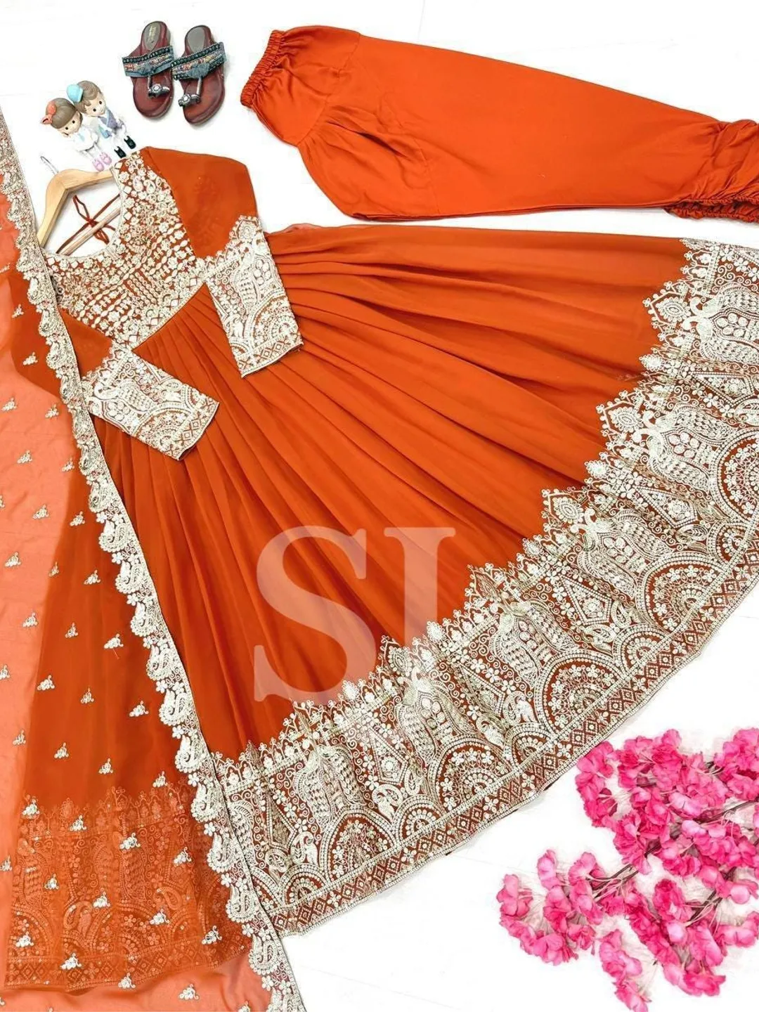 Designer Red Orange Anarkali Suit Set, Pakistani Women Salwar Kameez Suit, Red Dupatta Suit, Women Palazzo Kurta Set Wedding Wear Salwar Set