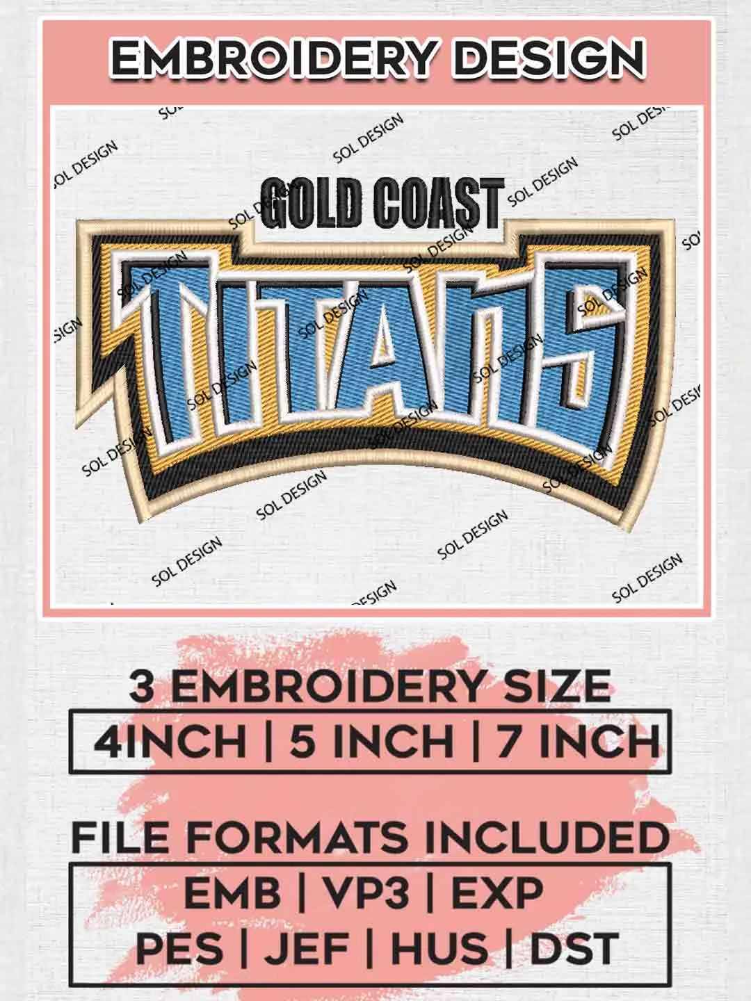 NRL Gold Coast Titans Wordmark Embroidery Design, National Rugby League Logo, Gold Coast Titans Logos Embroidery Design,NRL Machine Embroidery Digitized Pes File,3 Sizes, Instant Download