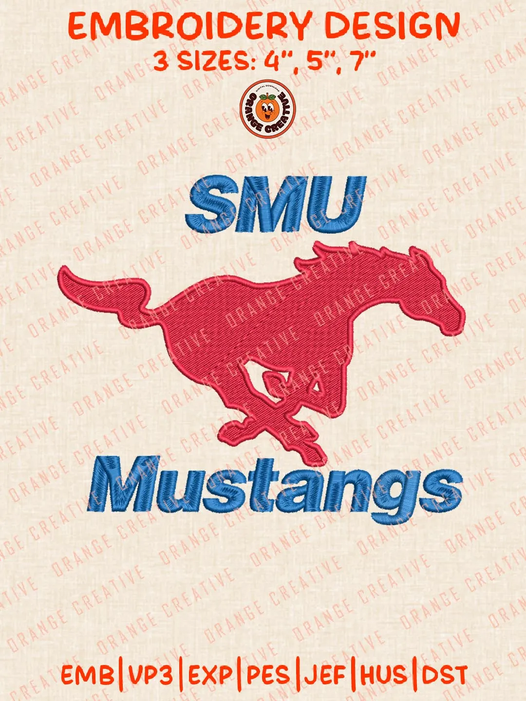 SMU Mustangs Logo Embroidery Design Files, NCAA Logos Embroidery Designs, NCAA Machine Embroidery Files, 3 Sizes, Custom Sizes, Instant Download