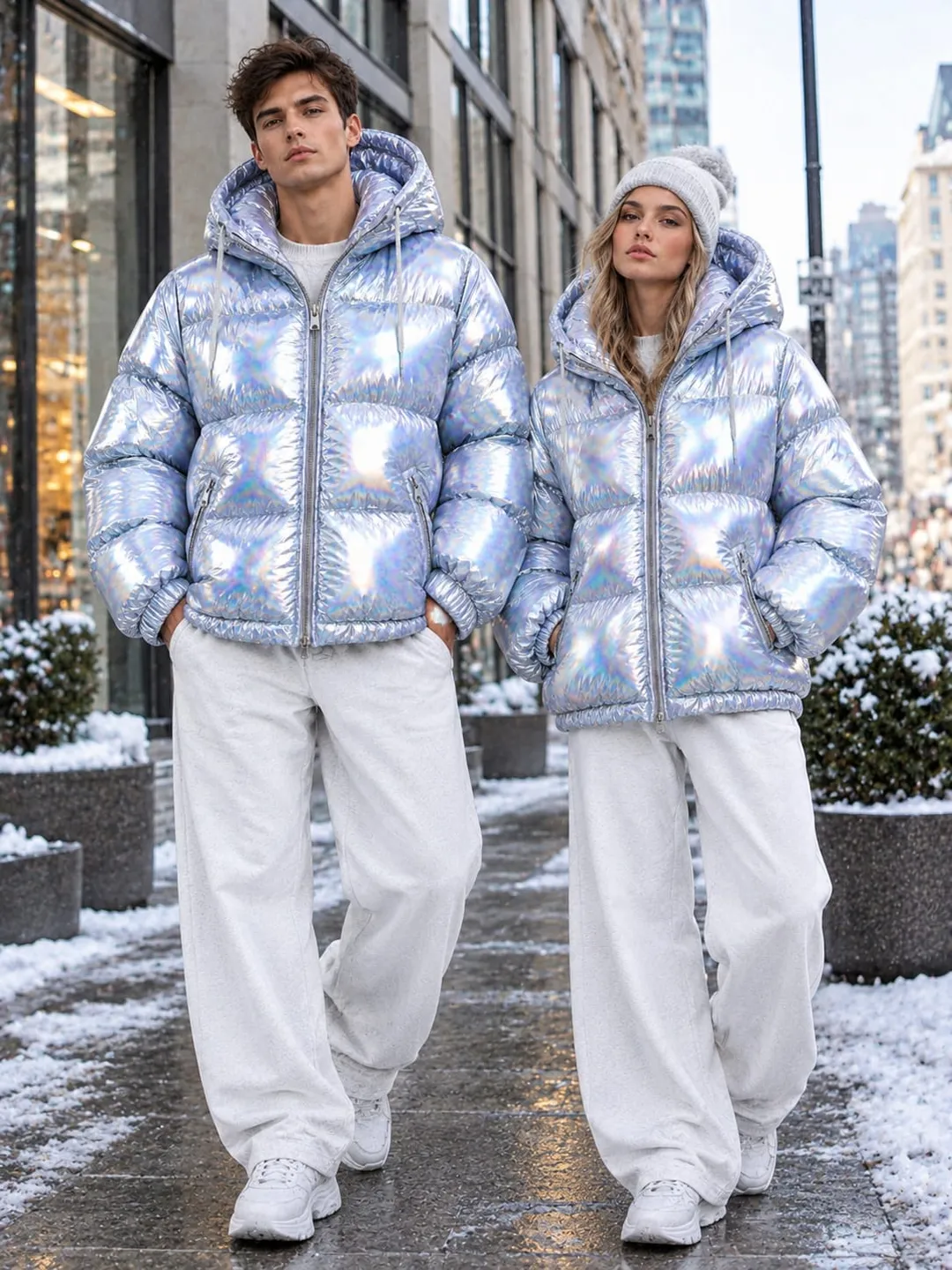 Unisex Iridescent Silver Puffer Jacket, Oversized Holographic Bubble Coat, Metallic Winter Jacket, Reflective Hooded Streetwear, Rainbow Silver Outerwear, Gender Neutral Fashion Gift, Y2K Futuristic Jacket