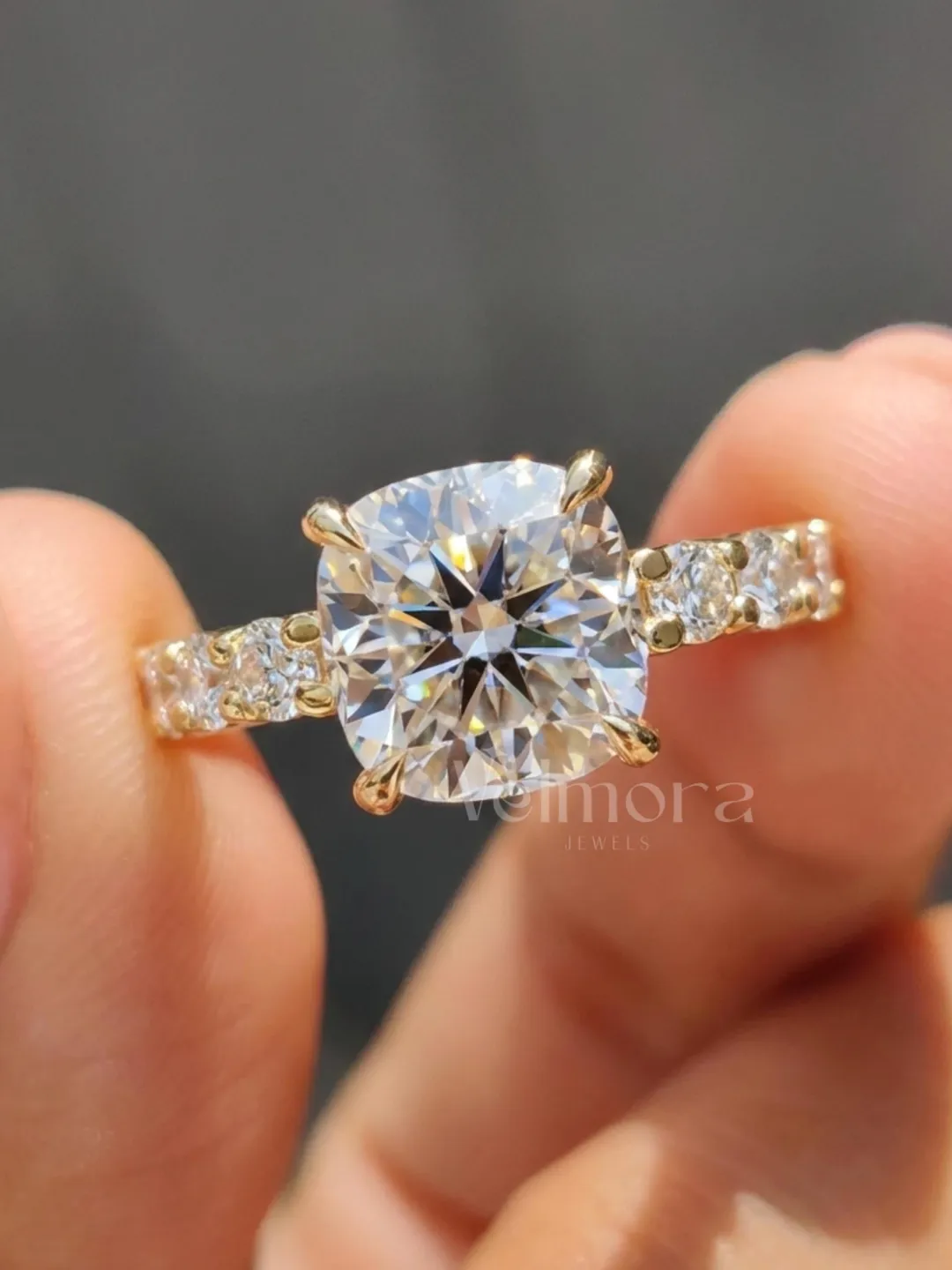 Cushion Cut Engagement Ring, Round Brilliant Center, Gold Pave Band, Elegant Bridal Ring