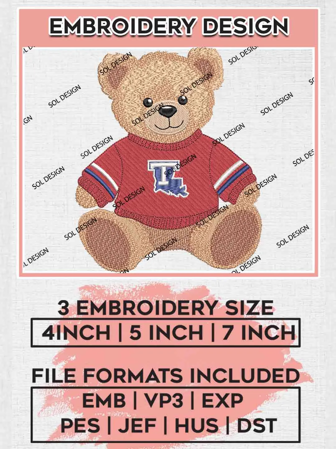 Louisiana Tech Bulldog Teddy Bear Embroidery Design, Football Embroidery files, Sport Machine embroidery files, 3 sizes, Instant Download